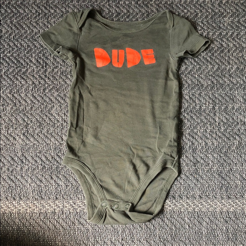 Joe Fresh Olive Green Baby One-Piece with Bright Orange DUDE Print